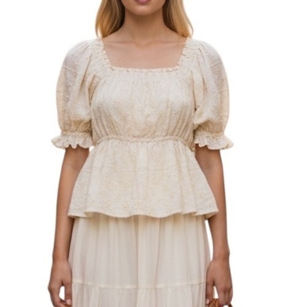 Old Navy Cream Costal Peasant TopXS Cottagecore Boho Puff Sleeve Milkmaid Blouse